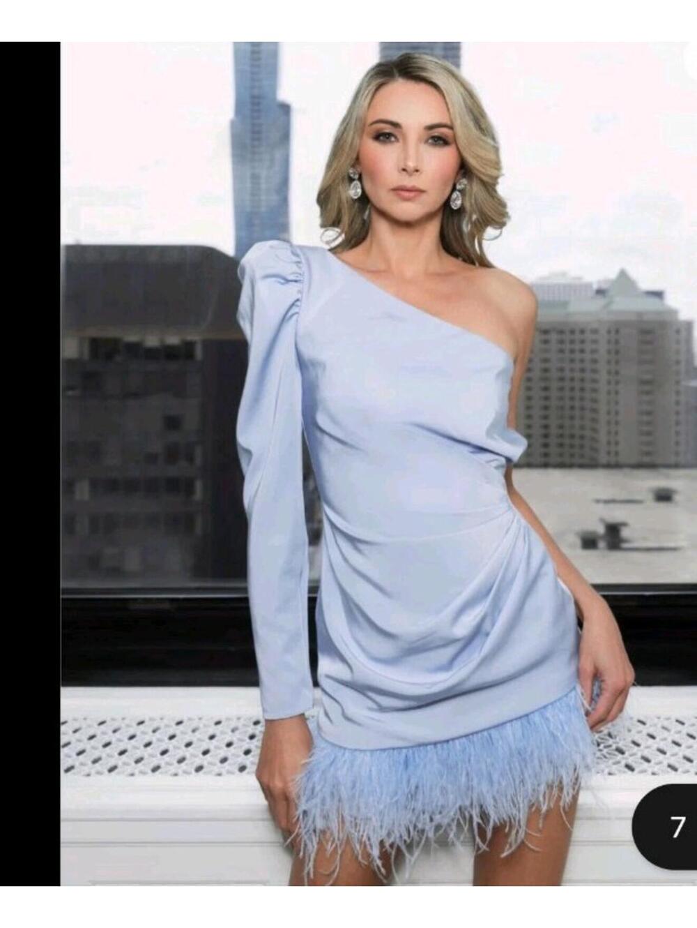 NWT Ieena Mac Duggal  Feather Trim One Shoulder Blue Mini Dress Size 10 11440